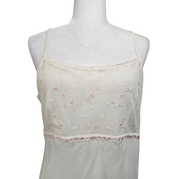 Vintage 90s Valerie Stevens Off White Mesh Floral Embroidered Nightgown Chemise - Picture 2 of 10